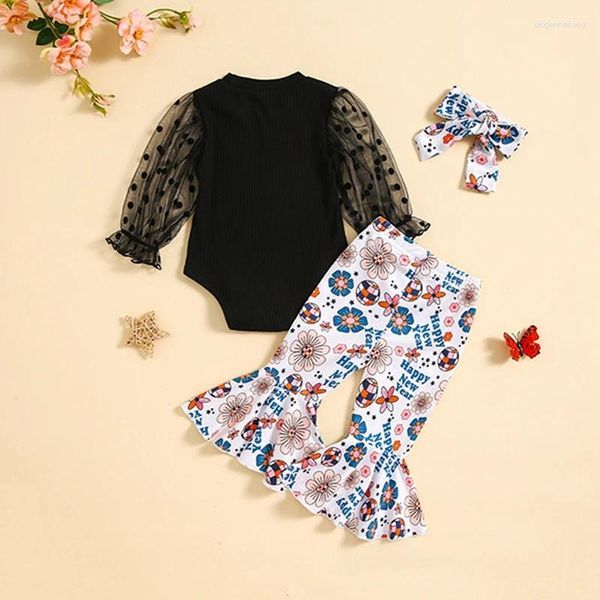 Conjuntos de ropa Baby Girls Año Pantalones de malla de malla Black Manga Canadero Carta Flower Diadema acampanada