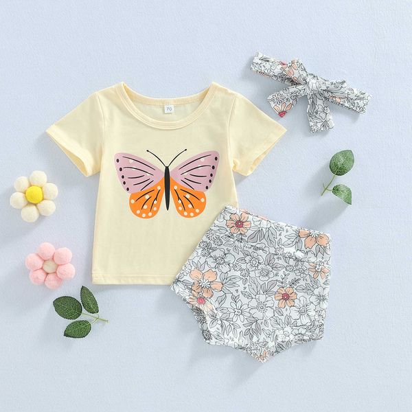 Conjuntos de ropa para bebé, niño recién nacido, conjunto de ropa para niña, camisa con estampado de mariposa de verano, Tops, pantalones cortos florales, ropa