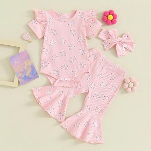 Kledingsets Baby Kid Kleding Meisje Zomeroutfits Bloemenprint Korte mouw Rompertjes Flare Broek Hoofdband 3-delige geboren set