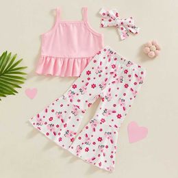 Kledingsets Baby Kid Girls Summer Clothing Set Mouwloze Camisole met Bunny Flower Print Flare broek en haarband Pasen -outfit