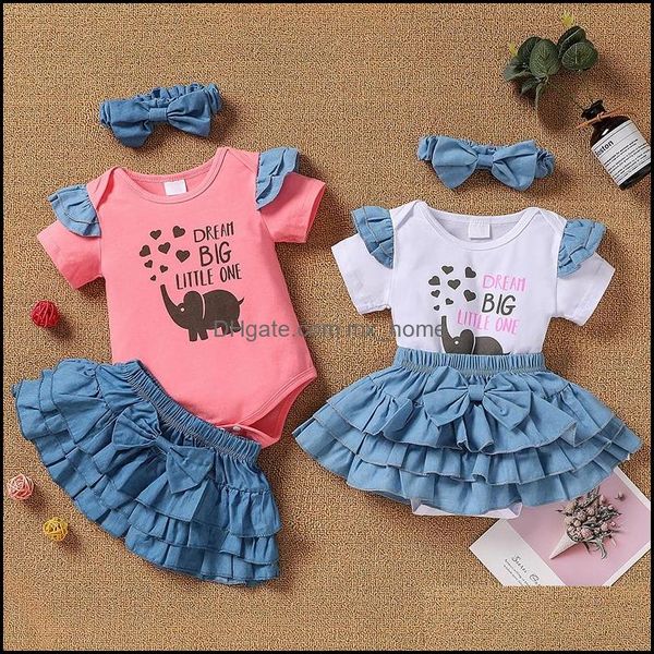 Ensembles de vêtements bébé enfants bébé maternité filles tenues infantile manches volantes lettre éléphant imprimé DHF2Y