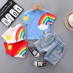 Ensembles de vêtements pour bébés garçons et filles, vêtements en coton, T-shirt, pantalon court, Denim, imprimé arc-en-ciel, costumes 1-4 ans