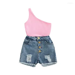 Vêtements ensembles bébé enfants filles d'été 2 pcs tenue une épaule cami tops