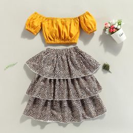 Kleding sets baby off schouder korte mouw + cake rok, luipaard print elastische taille multi-layer ruche decoratie zomer