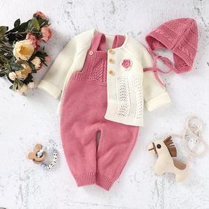 Kledingsets Baby Romper Set Gebreide herfst Girn Girl Boy Lange Mouw Coat Jumpsuit Outfit Hat 3pc Fashion Solid Infant Clothing Suite Sweater 230201