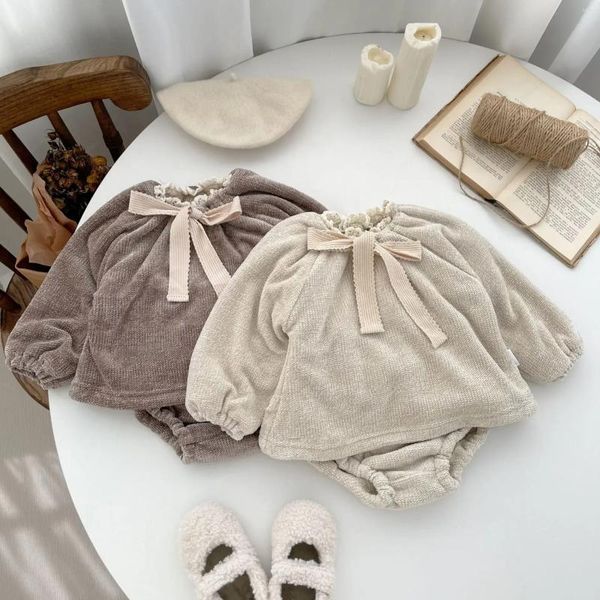 Conjuntos de ropa Conjunto de bebé Otoño Invierno Fleece Jersey Arco Casual Simple Moda Color Sólido Niñas Cálido Dos piezas