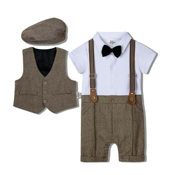 Ensembles de vêtements bébé ensemble né infantile mariage gentleman tenue garçons fête d'anniversaire costume formel jarretelle noeud papillon barboteuse 3pcs vêtements