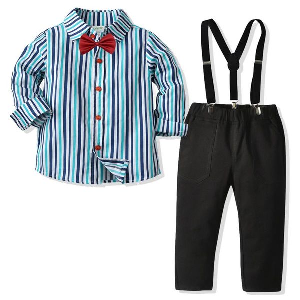 Conjuntos de ropa Conjunto de bebé Conjunto de niño Ropa Otoño Algodón Niño Infantil Niños Camisa a rayas + Pantalones con cinturón Pajarita Traje de caballero