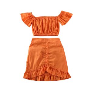 Conjuntos de ropa Ropa de verano para bebés, camisetas cortas con hombros descubiertos para niñas, vestido, falda Irregular, traje naranja sólido, ropa