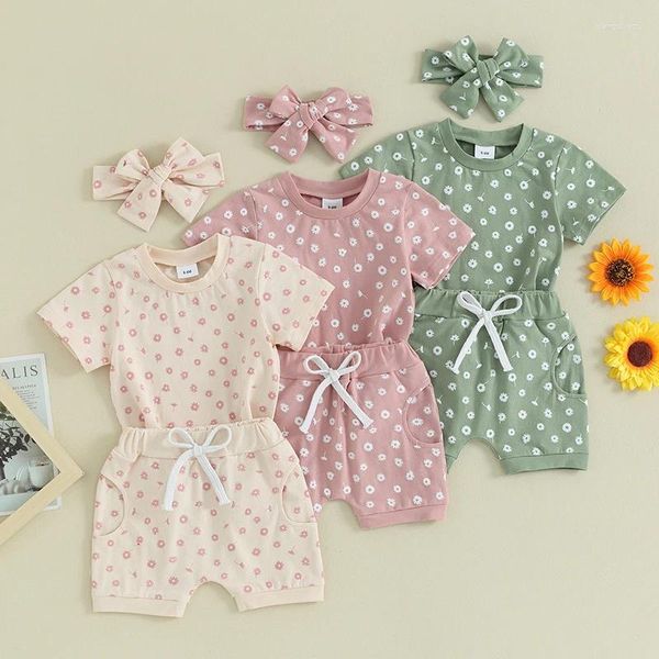 Conjuntos de ropa Baby Summer Outfits for Kids Niñas Impresión Floral Camisetas de manga corta Camisetas de bolsillo Diabarde