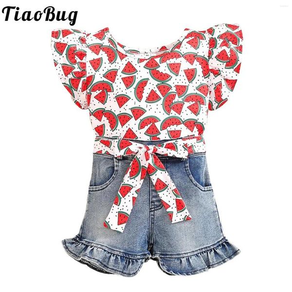 Sets de ropa Baby para niñas para niños pequeños Flamingo FRUTS Camiseta estampada con calzoncillos con rufa de mezclilla.