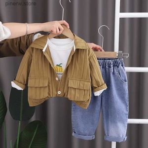 Ensembles de vêtements Ensemble de survêtement pour bébé 2024 Printemps Style coréen Couleur unie Chemises à col rabattu T-shirts blancs Jeans Vêtements pour enfants Costume pour garçons