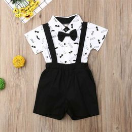 Kledingsets Tweedelige babypakken Kinderen Formeel Fantasiepak Jongen Strikjurk Kindoverhemden Body+Overall Jongens Bruiloftskleding Zomerkleding