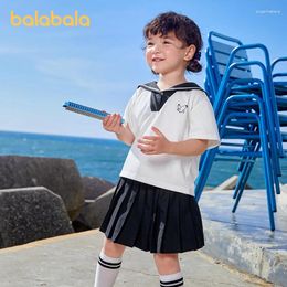Sets de ropa Balabala niña para niños pequeños Traje de manga corta Vestido de verano 2024 Collar azul marino falda seca de dos piezas