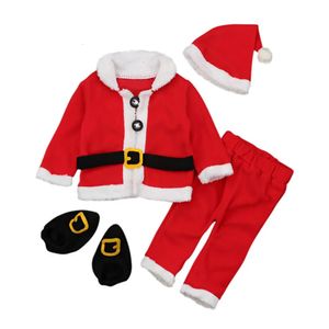 Ensembles de vêtements Baywell 4pcs / Set Costume de Noël pour garçons nouveau-nés Manteau en polaire pour bébé + pantalon + chapeau + chaussures en peluche Tenues de Père Noël pour Noël 3-18M 230927