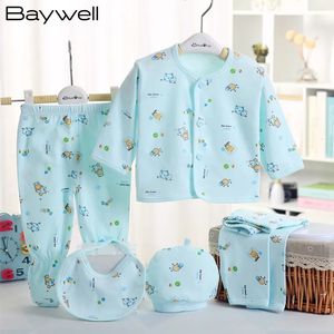 Kledingsets Baywell 5PCS pasgeboren unisex kleding 0-3 maanden baby lente herfst print cartoon tops broek hoed slabbetjes 230927