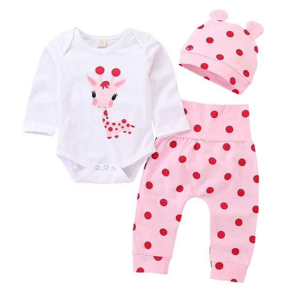 Ensembles de vêtements Baywell automne décontracté bébé fille costumes girafe body à pois pantalon casquette 3 pièces printemps enfants vêtements ensemble 018 mois 230418