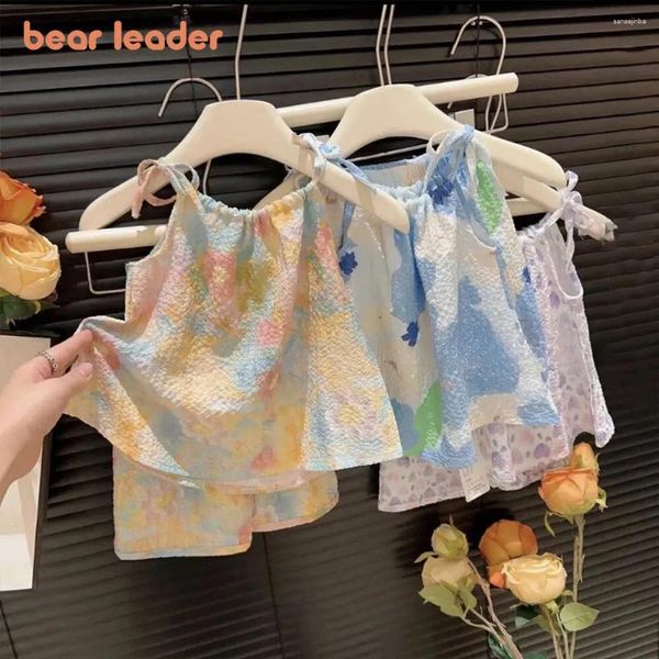 Ensembles de vêtements Bear Leader 2024 Summer Halo Dyed Huile Painting Style Baby Girl's Sente Suspended Top Shorts Two Piece