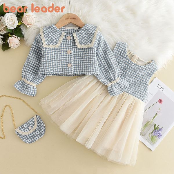 Ensembles de vêtements Bear Leader Girls Set de vêtements 26 Y Printemps Automne Filles Plaid Vest Dress Retro Outwear Coat 3 Pcs Baby Fashion Party Outfits 230303