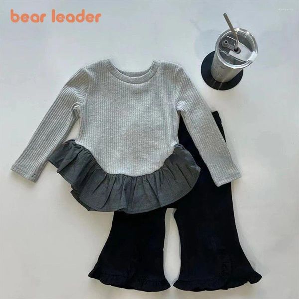 Ensembles de vêtements Bear Leader Girls Set 2024 Printemps et automne Sweet Round Col Panneau Dentelle Manches longues Top Pantalon Mignon