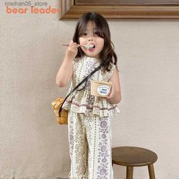 Conjuntos de ropa Líder de oso Corea Kidrens Clothing 2023 Summer Girl Set Girl Toqule Toquera Pantalones Dos piezas Beach Resort Set exótico Q240425