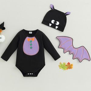 Conjuntos de ropa BeQeuewll Baby Girls 3 piezas Traje de Halloween para otoño Patrón de manga corta negro Mameluco con sombrero de dibujos animados y ala de murciélago