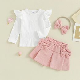 Kledingsets Beqeuewll Babymeisjes Rok Outfits Geboren vliegende mouw geribbelde tops en corduroy mini -hoofdband set babykleding