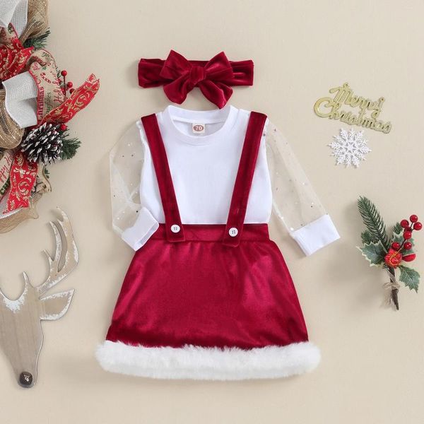 Ensembles de vêtements BeQeuewll Infant Girl Noël 3pcs Outfit Sheer manches longues barboteuse velours jarretelle jupe arc bandeau ensemble pour 0-18 mois