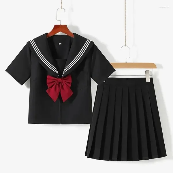 Conjuntos de ropa Black Japanese School Uniforme Sailor Traje de tres líneas básicas JK Lady Girl Anime Cosplay Disfraz de falda plisada