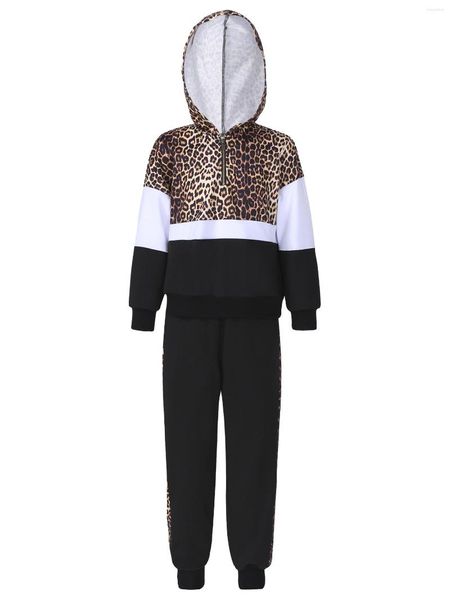 Ensembles de vêtements noir enfants filles à capuche à manches longues quart Zip imprimé léopard sweat hauts et pantalons de survêtement ensemble décontracté Sport costume