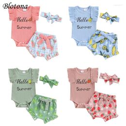 Ensembles de vêtements Blotona Baby Girl Summer Tenues de lettre de manche imprimé Rompers Fruits Bowknot Shorts Band 3 pcs