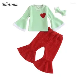 Kledingsets Blotona Baby Girls Christmas 3 % Set Long Flared Sleeve Heart Print Pullover Tops Solid Color Bell-Bottom Trousers Hoofdband