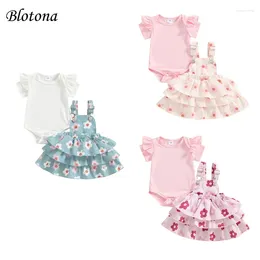 Ensembles de vêtements Blotona Baby Girls Spring Summer Tenues à manches courtes Bande de jupe à suspenseur à manches courtes Ensemble Born 3 Pieces Vêtements