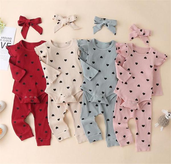 Conjuntos de ropa Blotona Born Baby Traje acanalado Chica Niño Estampado de corazón Cuello redondo Manga larga Mameluco Top Pantalones Hairband 3 piezas Trajes 0-24MCropa