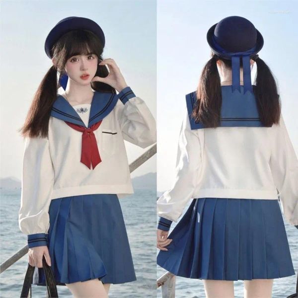 Conjuntos de ropa Blue JK Uniforme Sailor Suit Girls Mangas largas Estilo de la universidad Cosplay Cosplay Cabalda plisas cortas