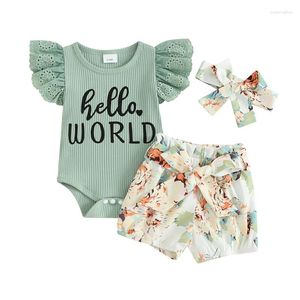 Kleding sets bmnmsl babymeisjes shorts outfits letter print mouw romper met bloemen- en heaband 3 pc's zomerset