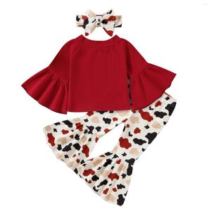 Ensembles de vêtements Bmnmsl Enfant en bas âge Filles 3pcs Tenues d'automne Bell Manches Solide Couleur Tops Flare Pantalon Bandeau Ensemble