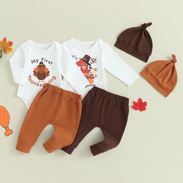 Ensembles de vêtements nés Born 3 pièces Set Baby Girl Boy Boy Thanksgiving Lettre imprimé Romper et Chapeau Tenues Infant Casual Mignon Chic