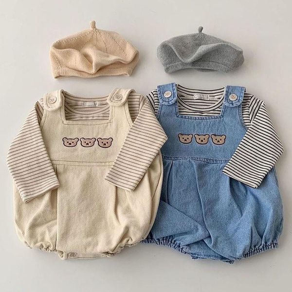 Ensembles de vêtements Né bébé garçon 2pcs tenues mignon ours broderie denim salopette rayé t-shirt infantile enfants filles vêtements décontractés 0-24mclothing