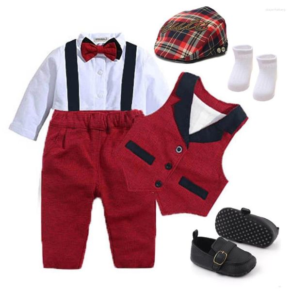 Ensembles de vêtements Né Baby Boy Vêtements Fête de Noël Anniversaire Costume Beau Costume Formel Po Shoot Romper Gilet Bow Chapeau Chaussures Chaussettes