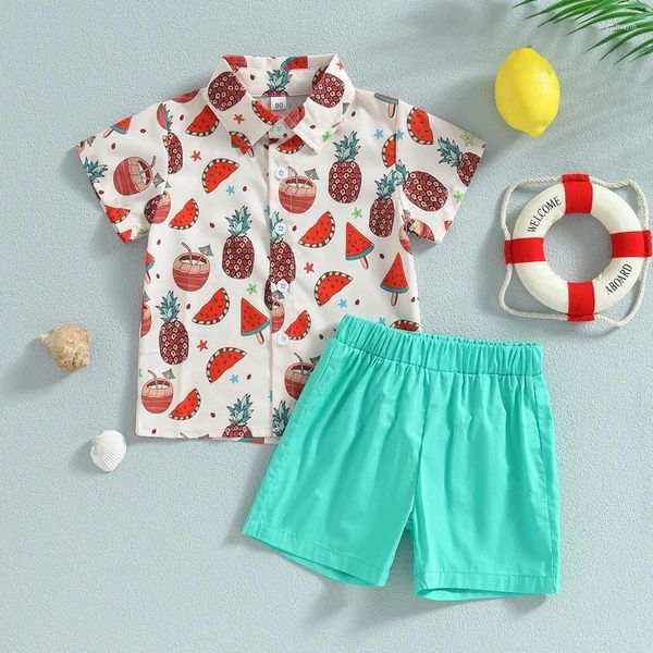 Ensembles de vêtements pour bébés garçons, vêtements d'été à manches courtes, revers, chemise et pantalon imprimés de pastèque et de cocotier, tenue 2 pièces