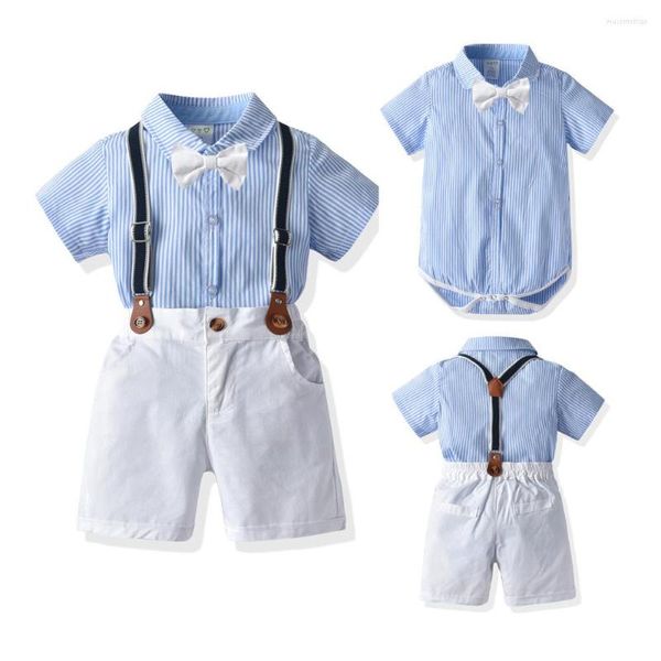 Ensembles de vêtements né bébé garçon Gentleman anniversaire vêtements costumes coton rayé robe de soirée nœud papillon ceinture pantalon enfant en bas âge enfants coffret cadeau