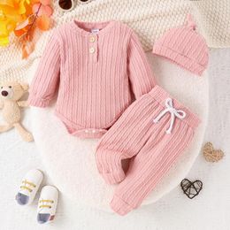 Ensembles de vêtements Né bébé garçon fille tenues couleur unie barboteuses pantalons élastiques bonnet chapeau 3 pièces ensemble vêtements pour bébés