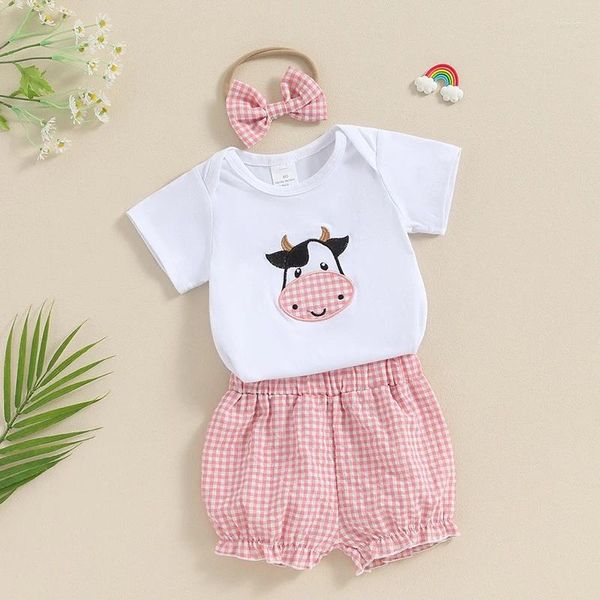 Conjuntos de ropa Baby Baby Boy Girl Summer Clother Bordado de vaca Impresión de manga corta Manija Plaid Bloomers Shorts Conjunto de lindo atuendo