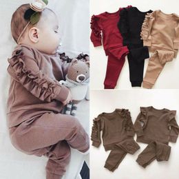 Kledingsets geboren Baby Boys Girls Ruches Jumper Solid Long Sleeve Sweatshirt Tops Pants Infant Kids 2pcs Outfits Kleding Set Fall 230105