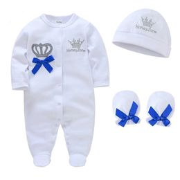 Conjuntos de ropa Born Baby Boys Romper Royal Crown Prince 100% algodón Conjunto de ropa con gorro Guantes Infant Girl One Piece Footies Sleepsuits 231204