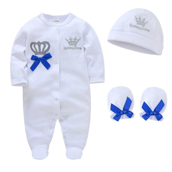 Conjuntos de ropa Born Baby Boys Romper Royal Crown Prince 100% algodón Conjunto con gorra Guantes Infant Girl Onepieces Footies Sleepsuits 231211