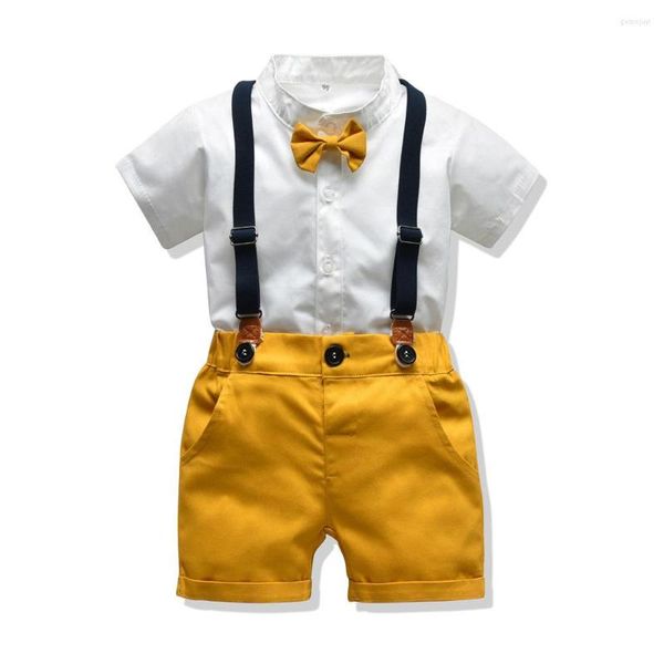 Ensembles de vêtements Born Baby Boys T-shirt blanc Bavoirs Pantalons 2pcs Bow Tie Decor Jarretelles Costumes Summer Fashion Boy
