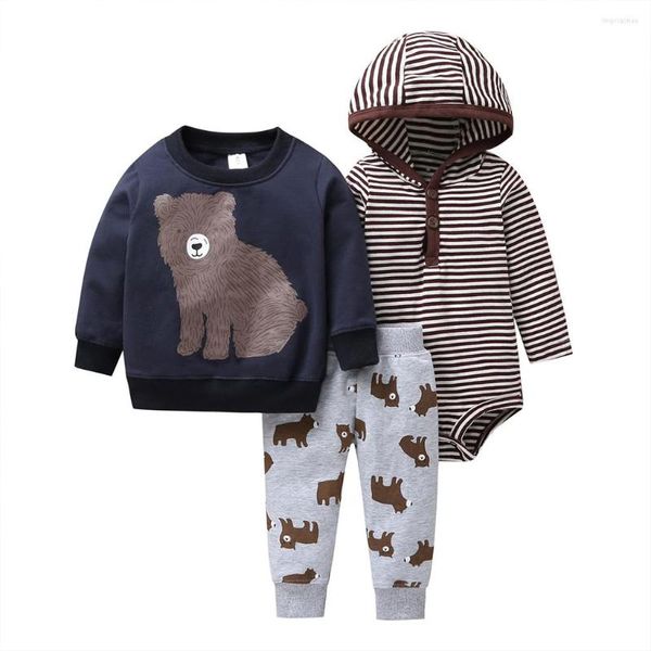 Conjuntos de ropa para bebé nacido, conjunto de ropa de oso de dibujos animados, suéter de manga larga, Pelele a rayas, pantalones, traje de otoño 2022 para niño, invierno