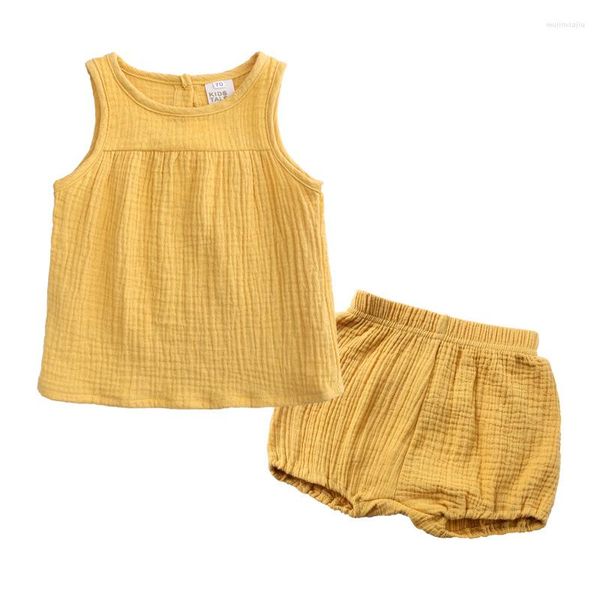 Conjuntos de ropa para bebés nacidos, conjunto de ropa de verano de lino sólido, camisetas, pantalones cortos de PP, 2 uds., trajes informales para niños y niñas, Unisex, niños pequeños